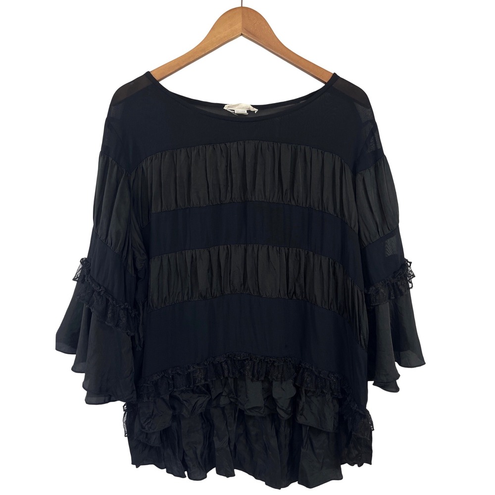 Marrika Nakk Tiered Ruffle Lace Trim Blouse OS Black Flowy Boho Whimsigoth Art